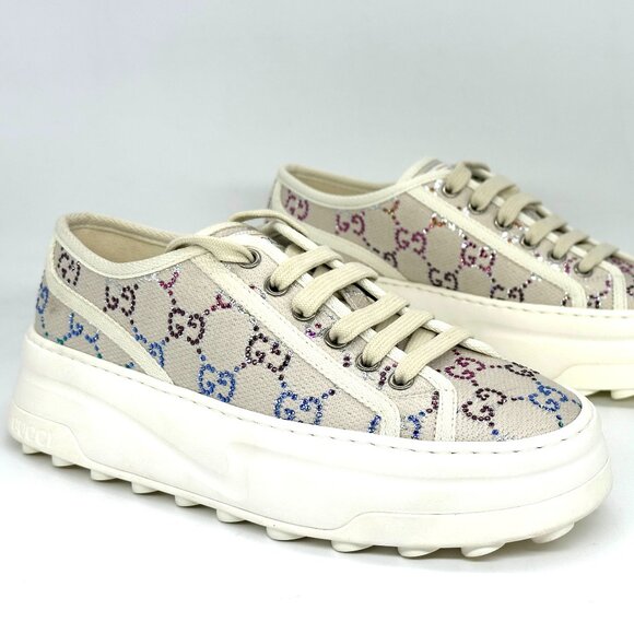 Gucci Treck Crystal GG Logo Canvas Low Top Platform Trainers Sneakers Shoes - Picture 12 of 16